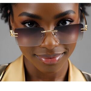 Women Square Rimless Gold Frame Gradient Tint Lens Sunglasses Gafas Mujeres 2026